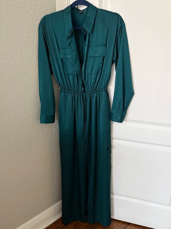 Express Dresses & Skirts - Express Deep Teal Green Button Tie Waist Wide Leg Satin Cargo Jumpsuit M